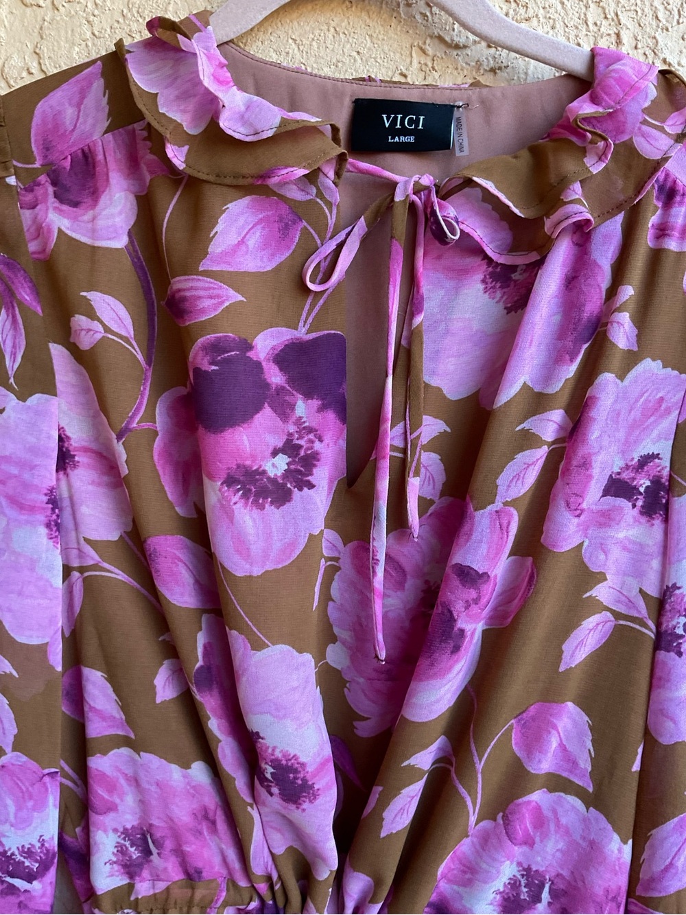 VICI‎ Charleston Waist Tie Floral Pink & Brown Mini Dress - Picture 14 of 16